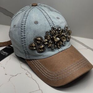 Chapel Hats Embellished Denim and Tan Cap NWT